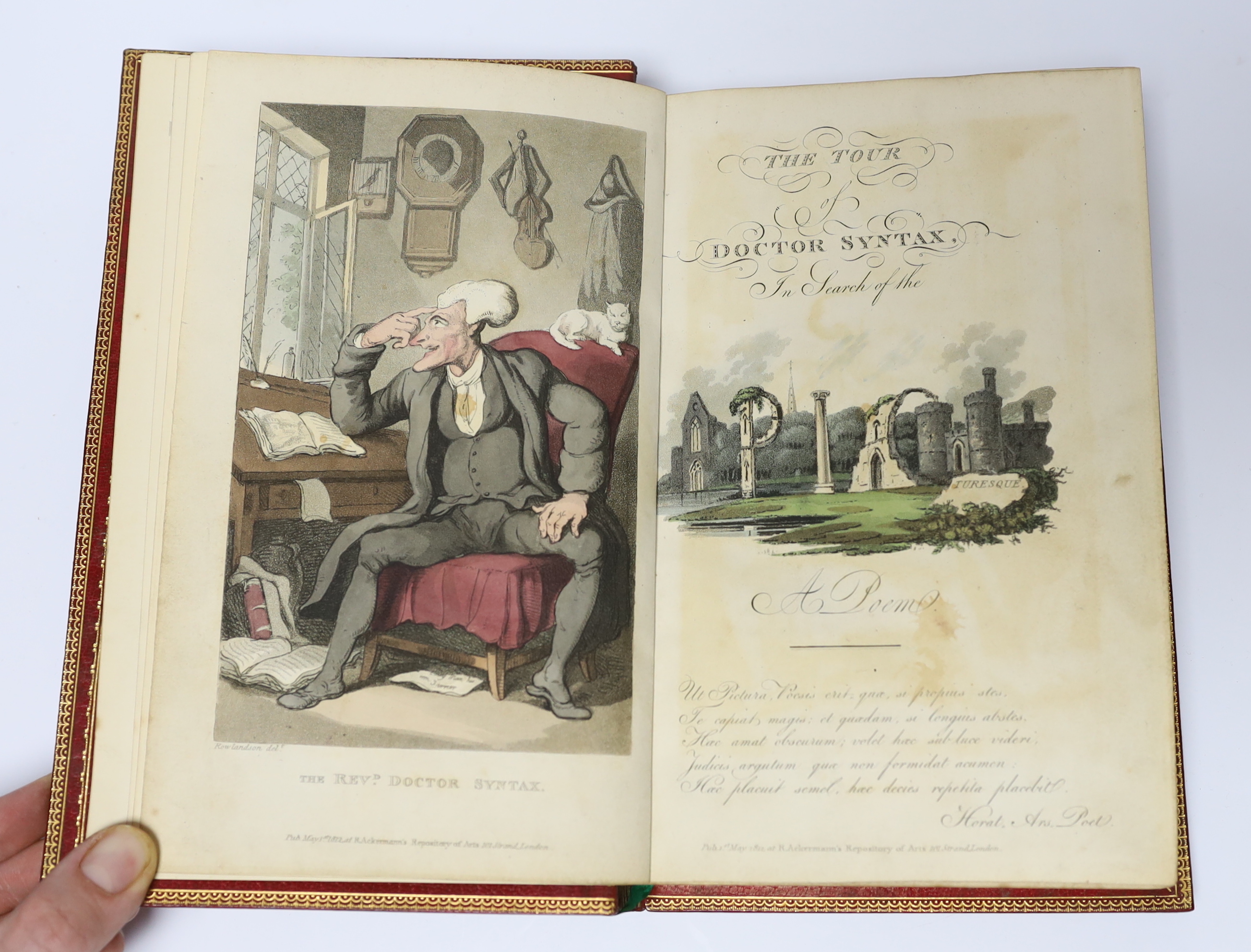 Combe, William - The Tour of Doctor Syntax in Search of the Picturesque. A Poem. 1st edition, 8vo, in later fine red crushed morocco gilt binding by H. Sotheran & Co., London, illustrated by Thomas Rowlandson, with front